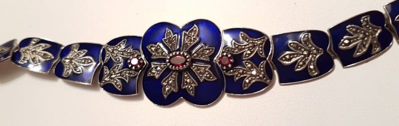 Stunning Sterling Silver Marcasite, Royal Blue Enamel &amp; Garnet Ornate Bracelet