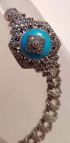 Sterling Silver Marcasite &amp; Recon. Turquoise Ornate Hexagonal Bracelet