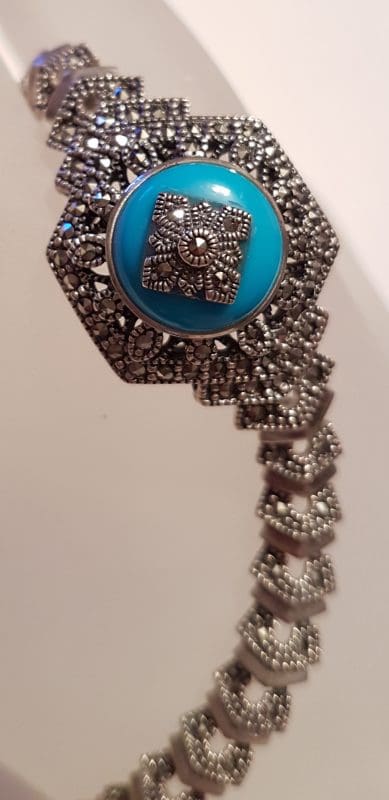 Sterling Silver Marcasite &amp; Recon. Turquoise Ornate Hexagonal Bracelet
