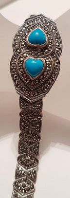Sterling Silver Marcasite &amp; Recon. Turquoise Wide Heart Bracelet