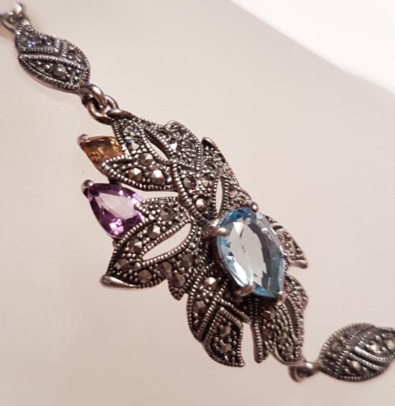 Sterling Silver Marcasite, Topaz, Amethyst and Citrine Ornate Leaf Bracelet