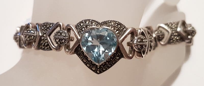 Sterling Silver Heavy Marcasite &amp; Topaz Heart Bracelet