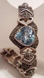 Sterling Silver Heavy Marcasite &amp; Topaz Heart Bracelet