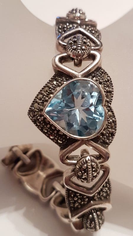 Sterling Silver Heavy Marcasite &amp; Topaz Heart Bracelet
