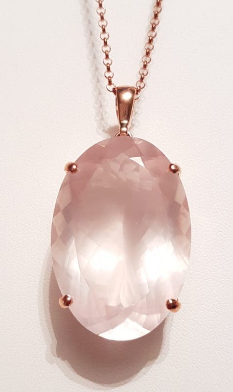 9ct Rose Gold Rose Quartz Pendant - Oval - on 9ct Chain