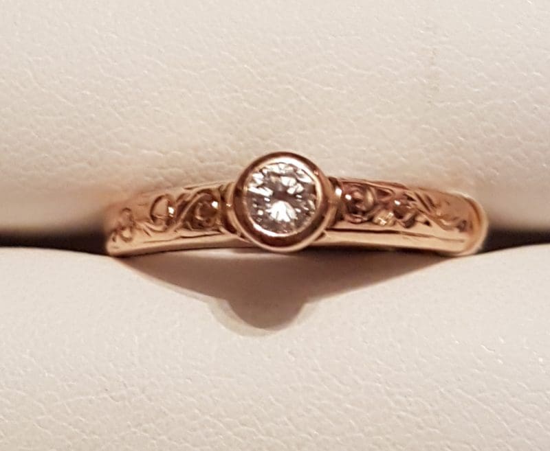 9ct Rose Gold Bezel Set Diamond Solitaire Ornate Motif Engagement Ring
