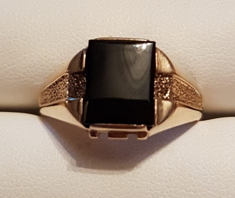 9ct Yellow Gold Rectangular Onyx Gents Ring - Antique / Vintage