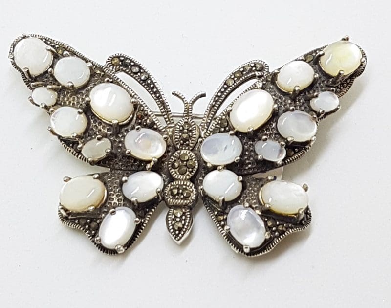 Sterling Silver Marcasite and Mother of Pearl Large Butterfly Brooch