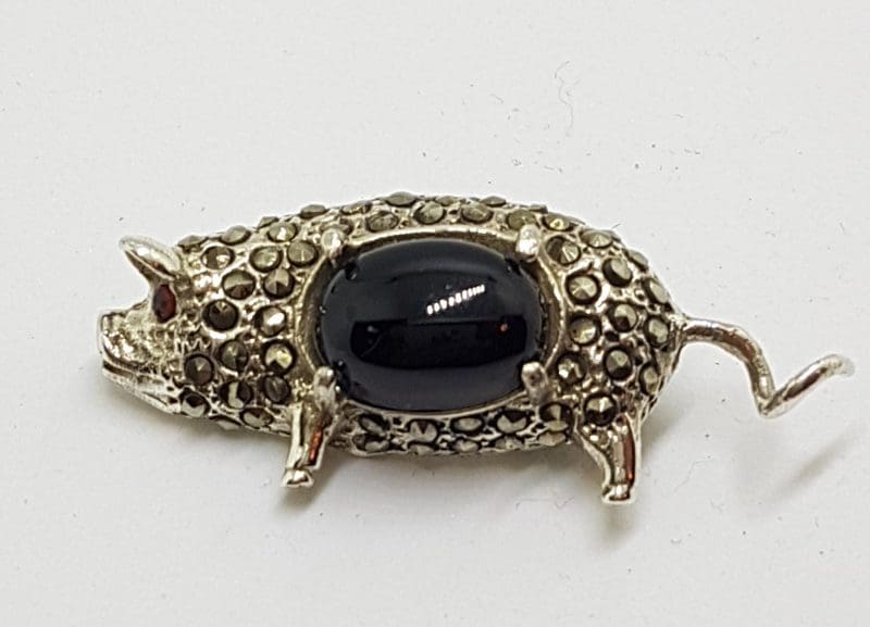 Sterling Silver Marcasite with Onyx Pig Brooch