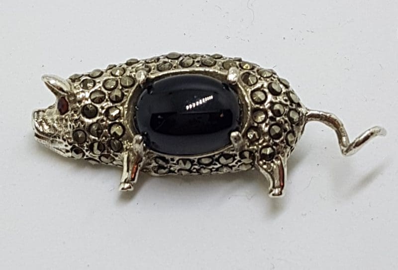 Sterling Silver Marcasite with Onyx Pig Brooch