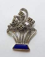 Sterling Silver Marcasite and Lapis Lazuli Floral Brooch - Art Deco Style