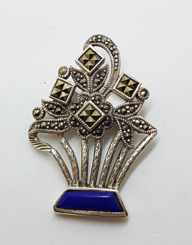 Sterling Silver Marcasite and Lapis Lazuli Floral Brooch - Art Deco Style