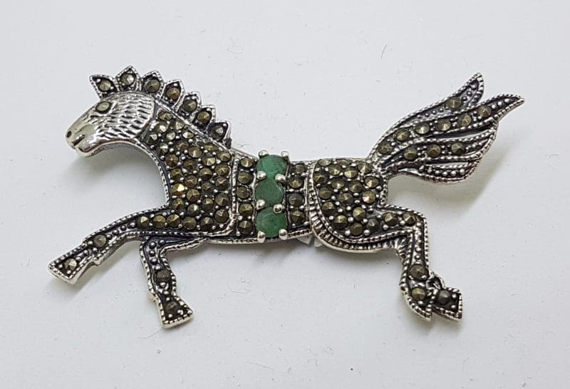 Sterling Silver Marcasite &amp; Emerald Large Horse Brooch