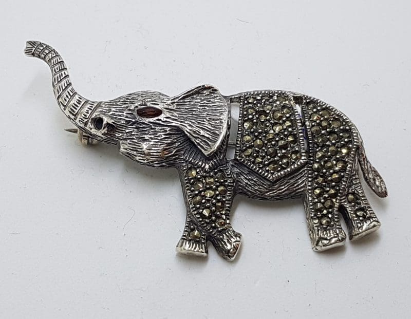 Sterling Silver Marcasite &amp; Garnet Large Elephant Brooch