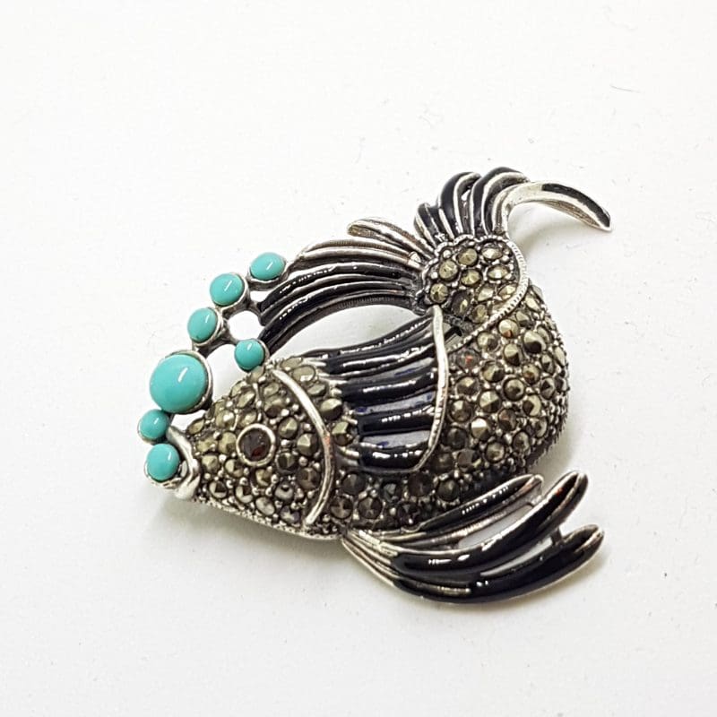Sterling Silver Marcasite, Blue &amp; Black Large Fish Brooch - Blowing Bubbles