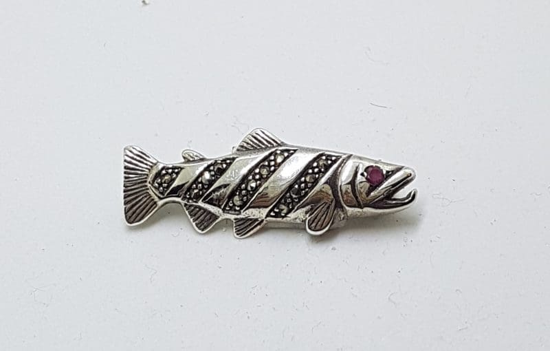 Sterling Silver Marcasite &amp; Ruby Fish Brooch