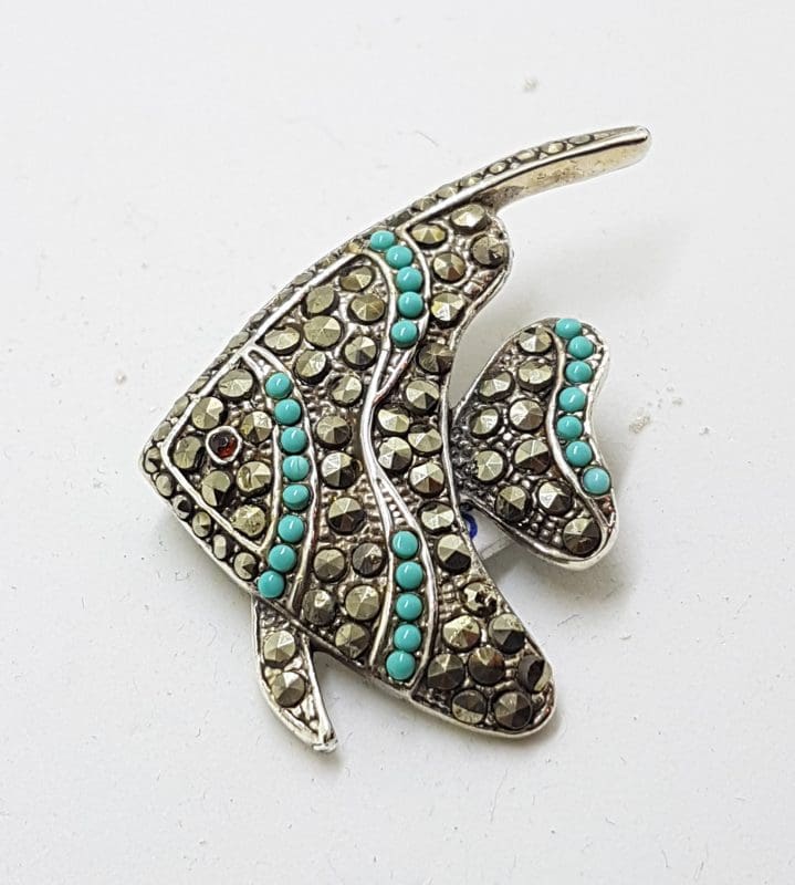 Sterling Silver Marcasite &amp; Blue Large Fish Brooch