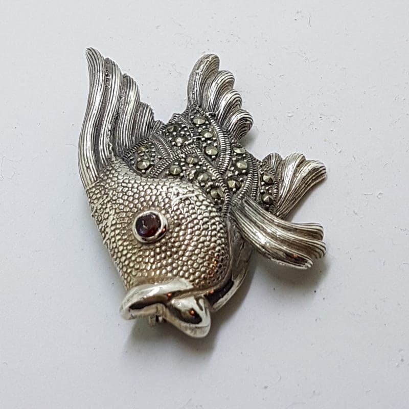 Sterling Silver Marcasite &amp; Garnet Large Fish Brooch