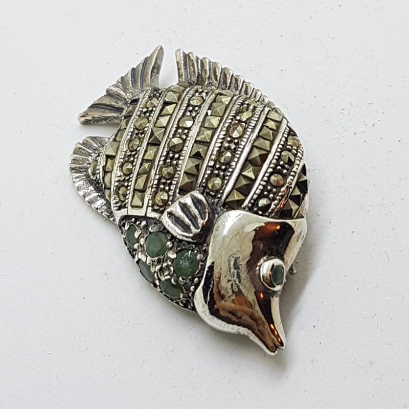 Sterling Silver Marcasite &amp; Emerald Fish Brooch
