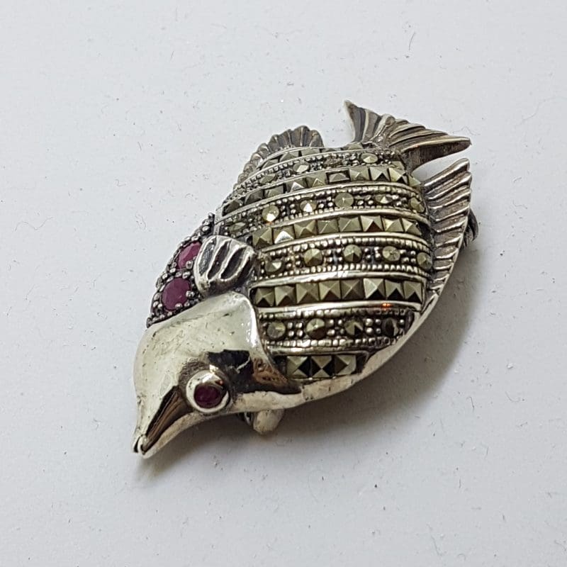 Sterling Silver Marcasite &amp; Ruby Fish Brooch