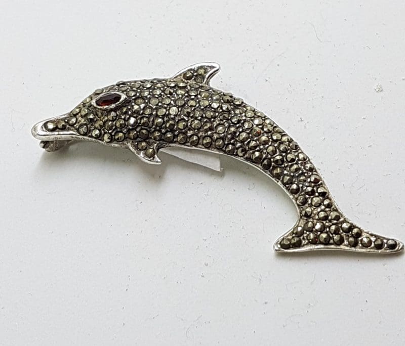 Sterling Silver Marcasite & Garnet Dolphin / Fish Brooch