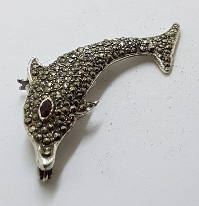 Sterling Silver Marcasite & Garnet Dolphin / Fish Brooch