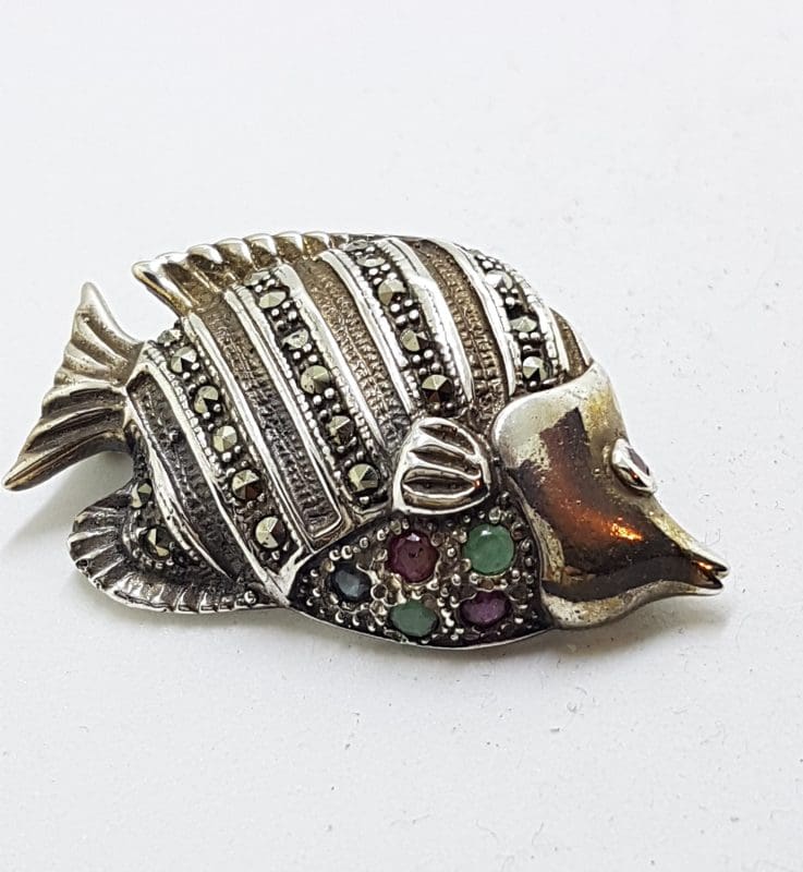 Sterling Silver Marcasite, Sapphire, Emerald &amp; Ruby Fish Brooch