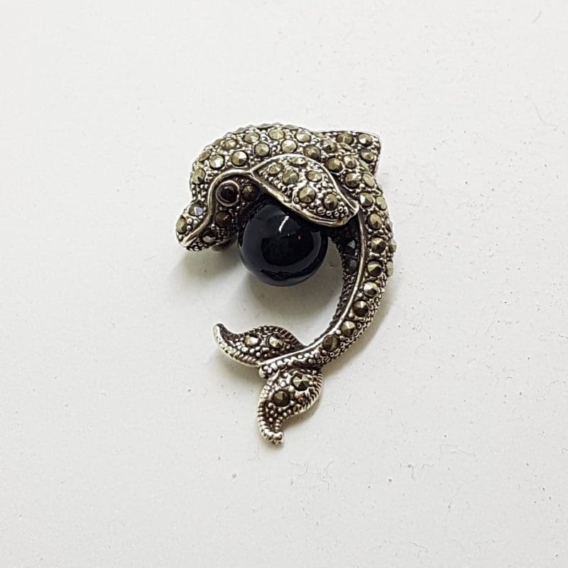 Sterling Silver Marcasite &amp; Black Dolphin / Fish Brooch