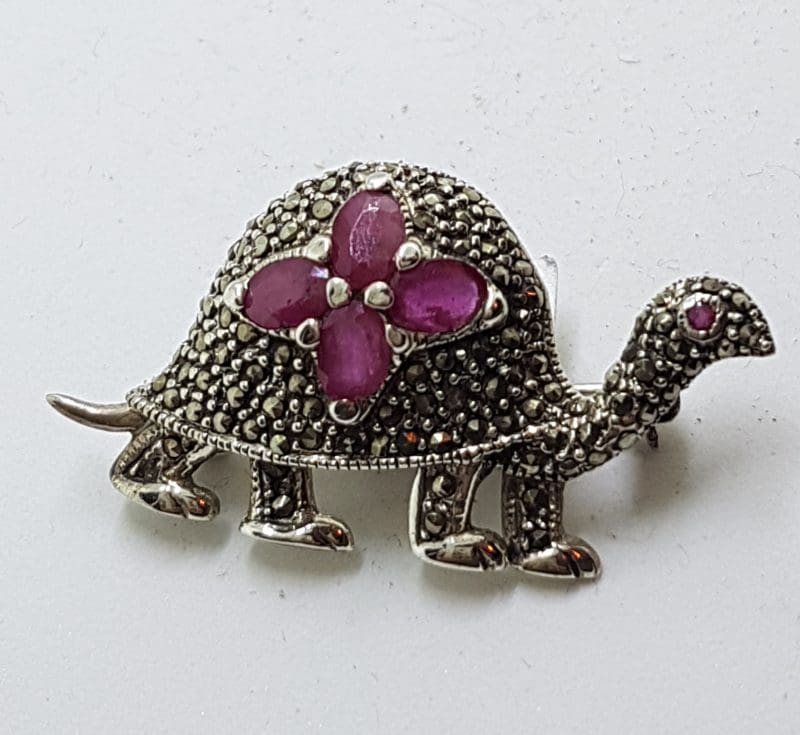 Sterling Silver Marcasite Ruby Turtle Brooch