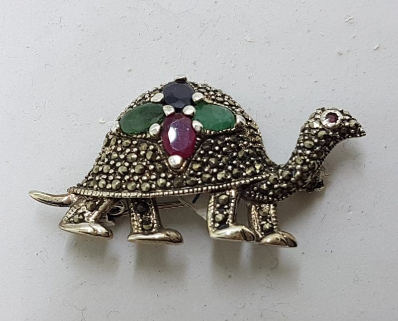 Sterling Silver Marcasite, Emerald, Ruby and Sapphire Turtle Brooch