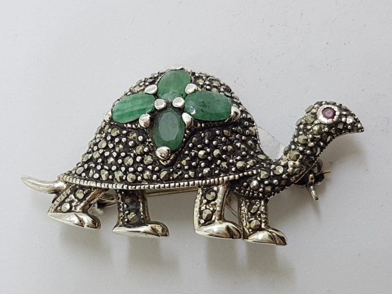 Sterling Silver Emerald and Marcasite Turtle Brooch