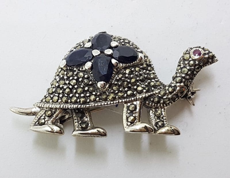 Sterling Silver Marcasite and Sapphire Turtle Brooch