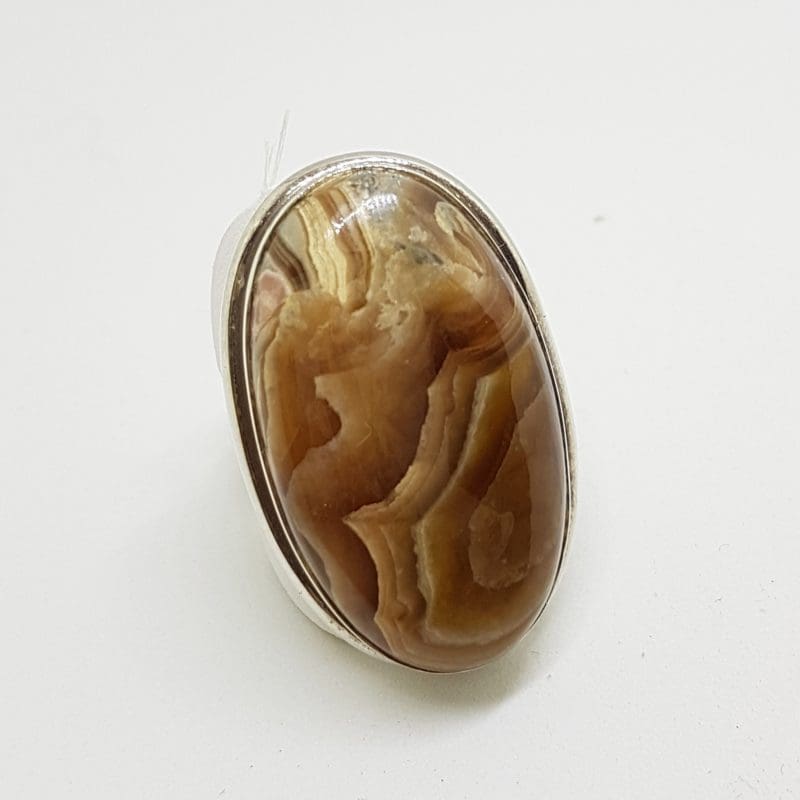 Sterling Silver Large Oval Banded Fossil Stone Ring