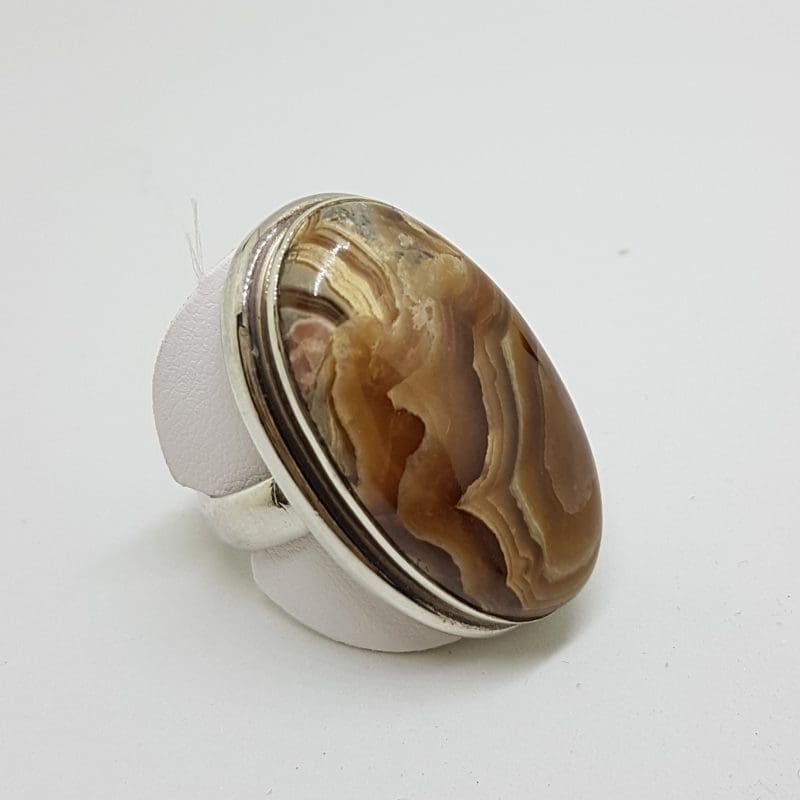 Sterling Silver Large Oval Banded Fossil Stone Ring