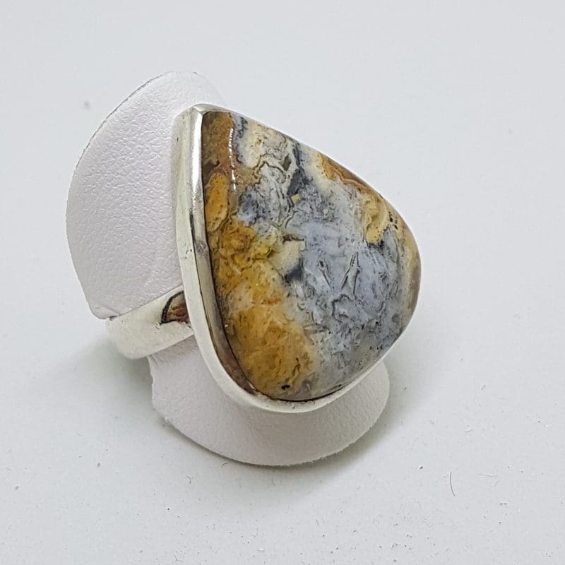 Sterling Silver Large Teardrop Shape Ocean Banded Agate Ring