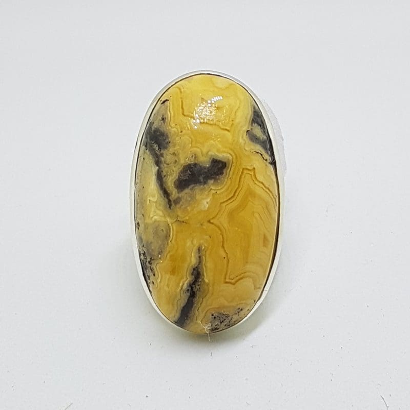 Sterling Silver Large Oval Banded Yellow Stone Ring