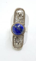 Sterling Silver Round Lapis Lazuli Ornate Filigree Long Ring