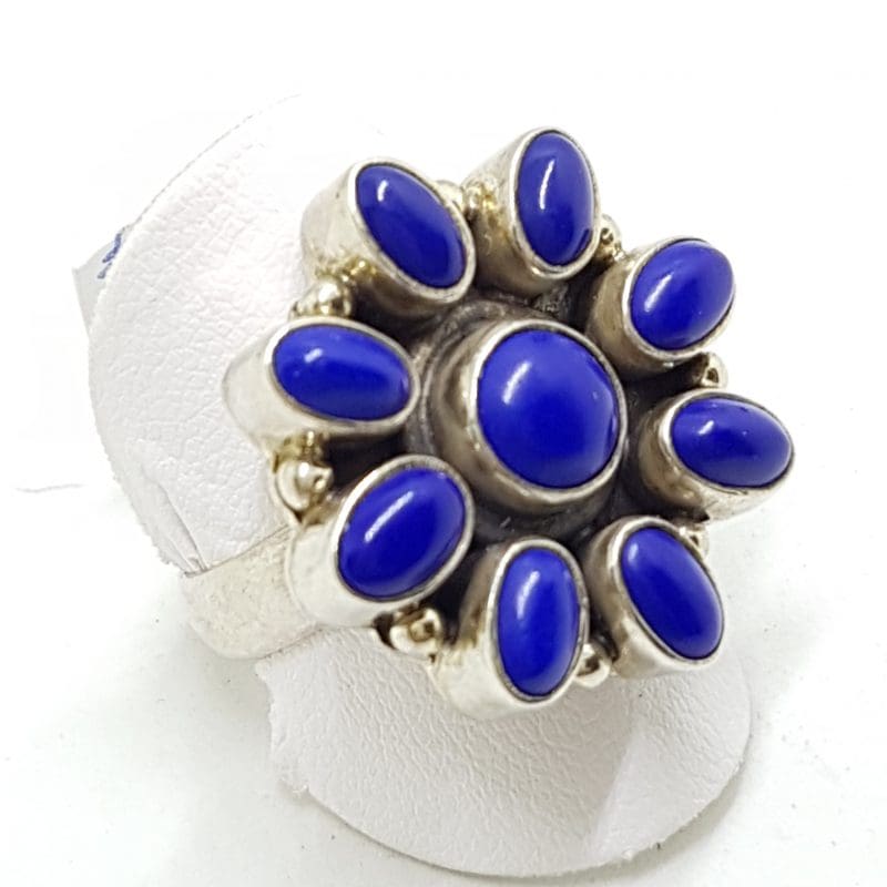 Sterling Silver Round Lapis Lazuli Large Cluster Ring