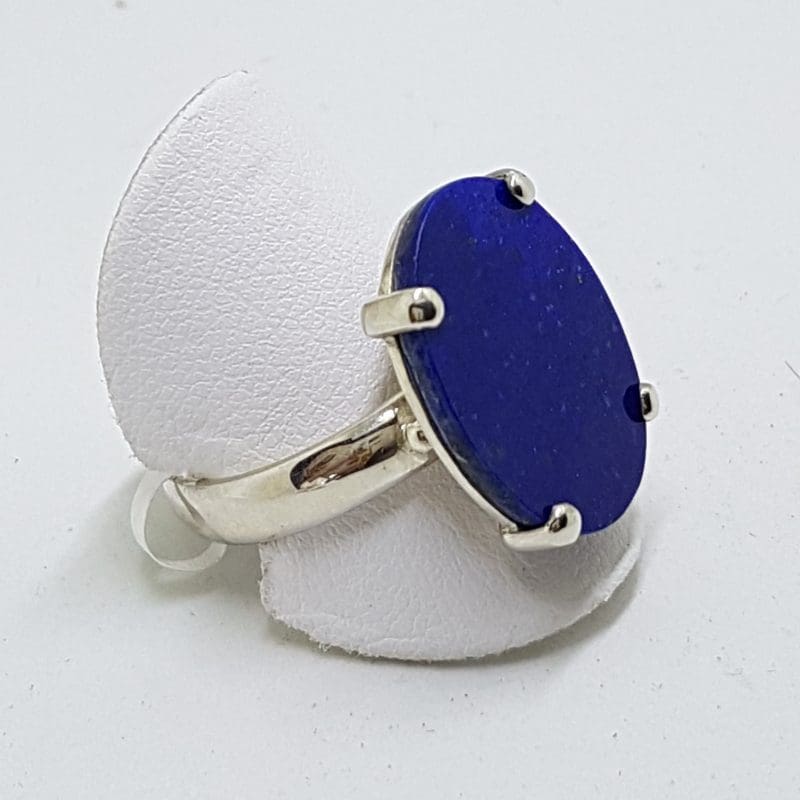 Sterling Silver Large Oval Flat Lapis Lazuli Claw Set  Ring