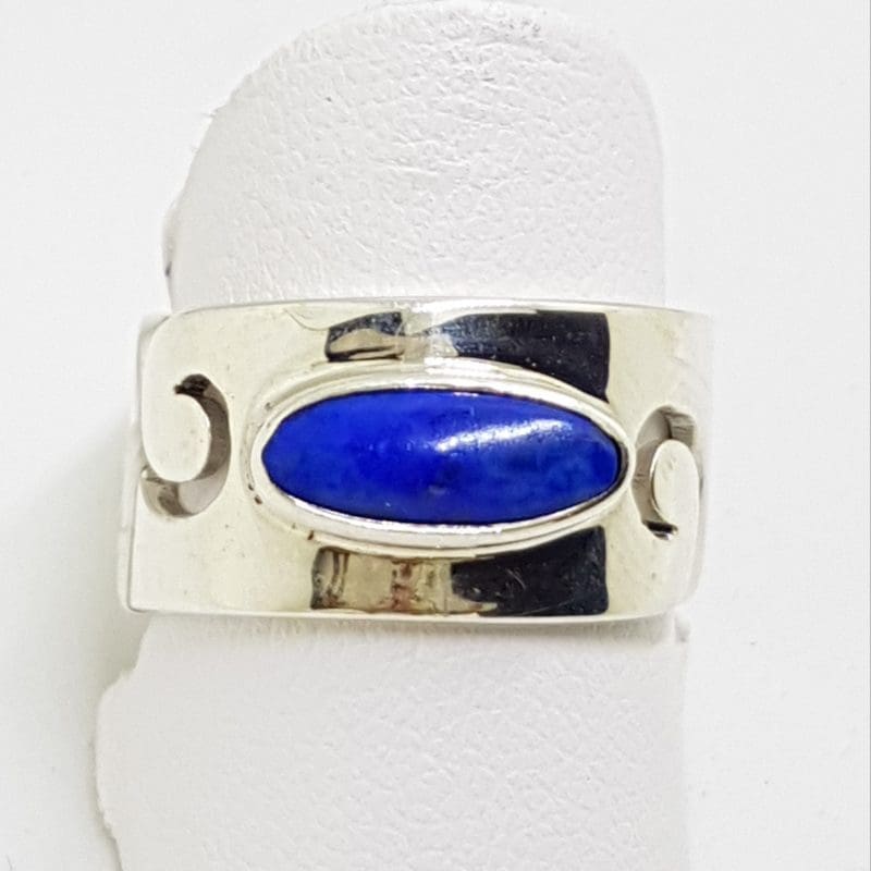 Sterling Silver Oval Lapis Lazuli in Wide Wave Band Ring