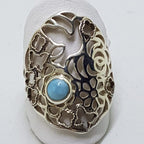 Sterling Silver Larimar Ring - Ornate Floral and Bird Design