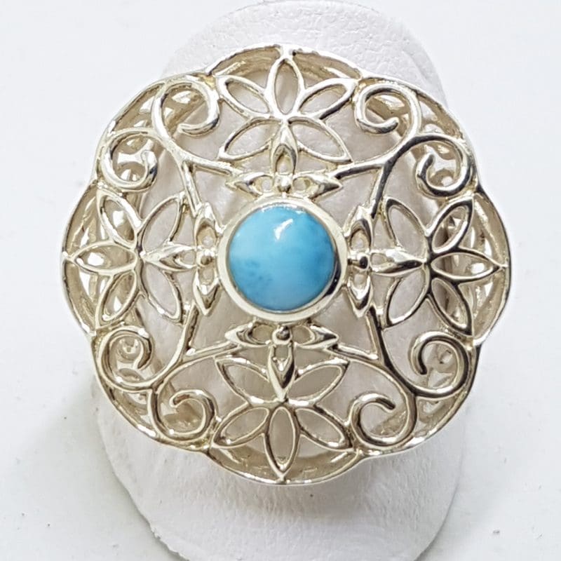 Sterling Silver Large Ornate Filigree Larimar Ring