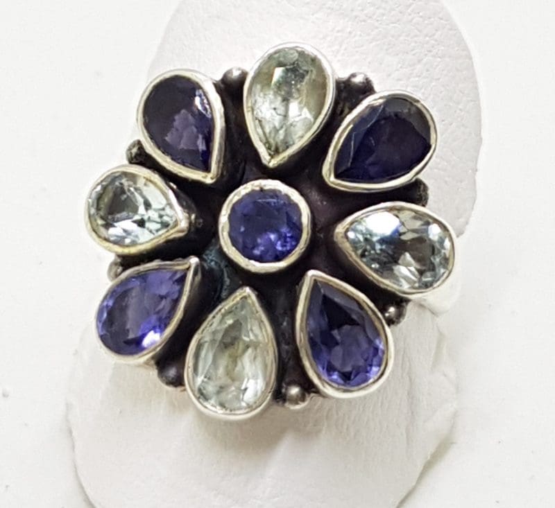 Sterling Silver Iolite and Topaz Cluster Ring