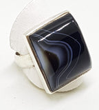 Sterling Silver Black Banded Agate Large Square Ring