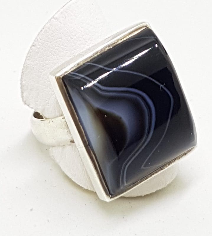 Sterling Silver Black Banded Agate Large Square Ring