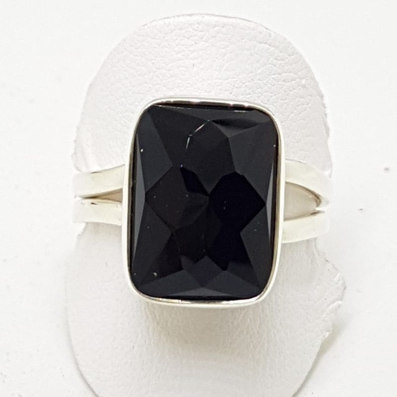 Sterling Silver Onyx Large Faceted Ring - Extendable