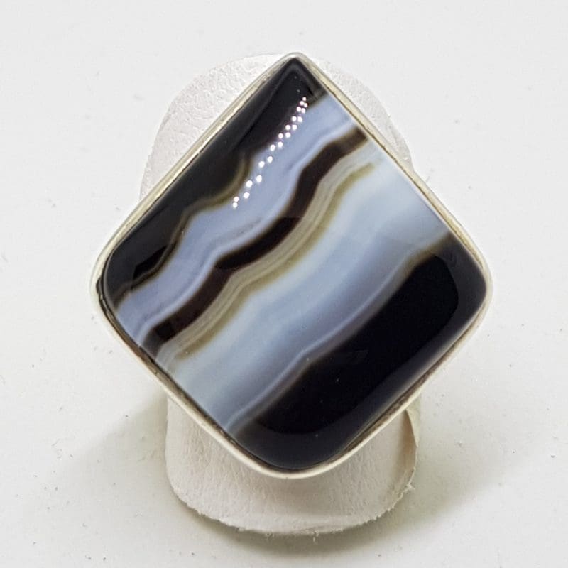 Sterling Silver Black Banded Agate Large Square Ring