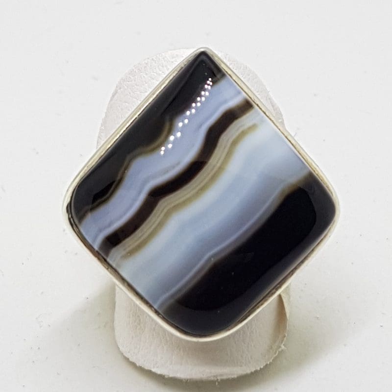 Sterling Silver Black Banded Agate Large Square Ring