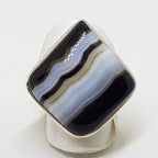 Sterling Silver Black Banded Agate Large Square Ring