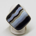 Sterling Silver Black Banded Agate Large Square Ring